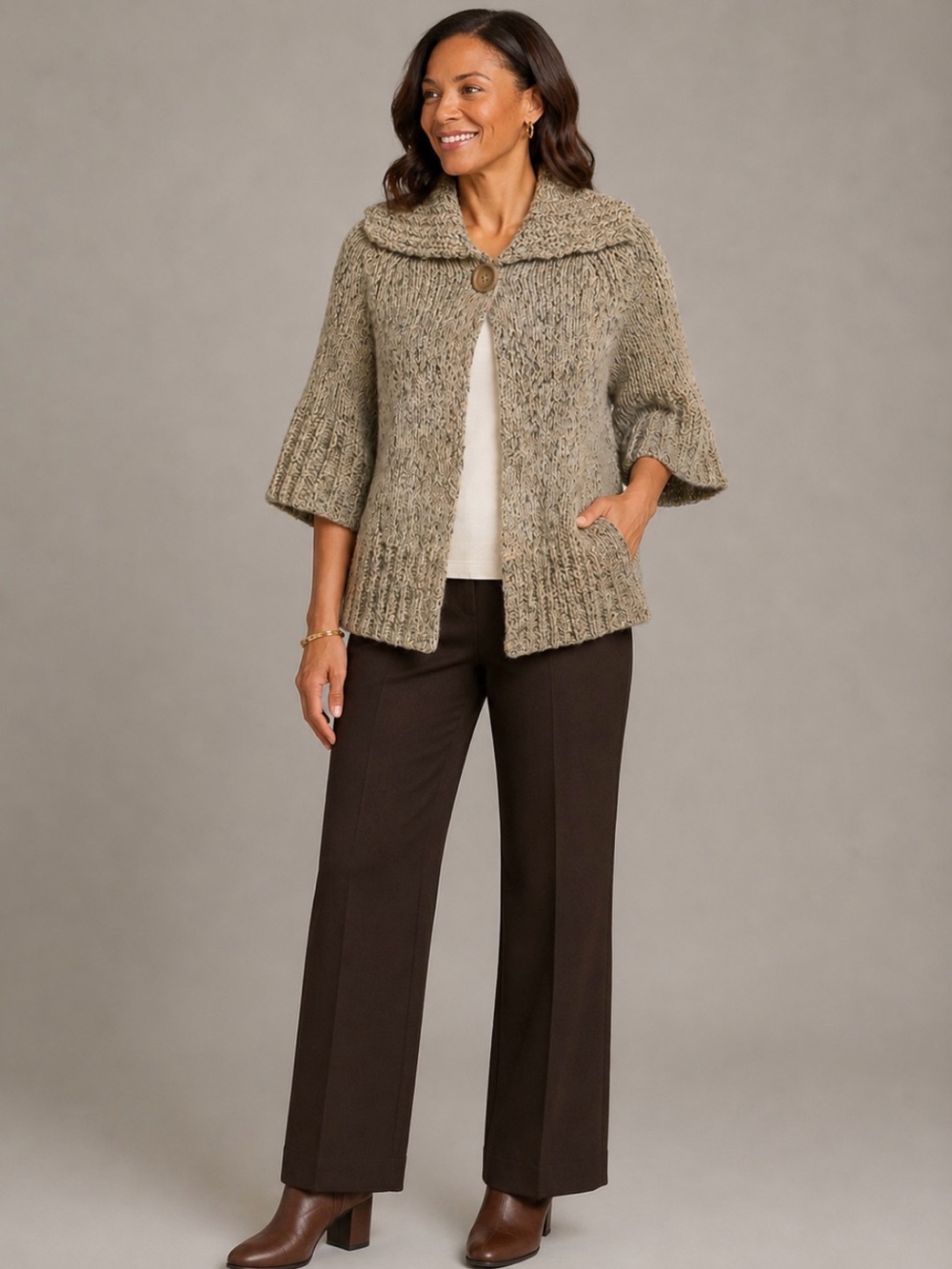 Hannah Women's Medium Knit Long Sleeve Ribbed Sweater Size Medium Brown